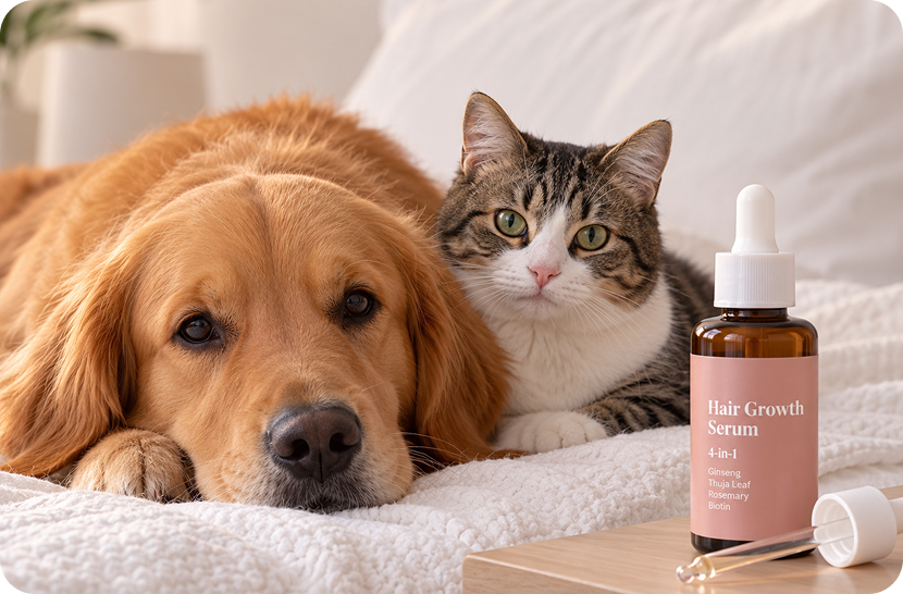 Dog and cat beside a hair serum bottle