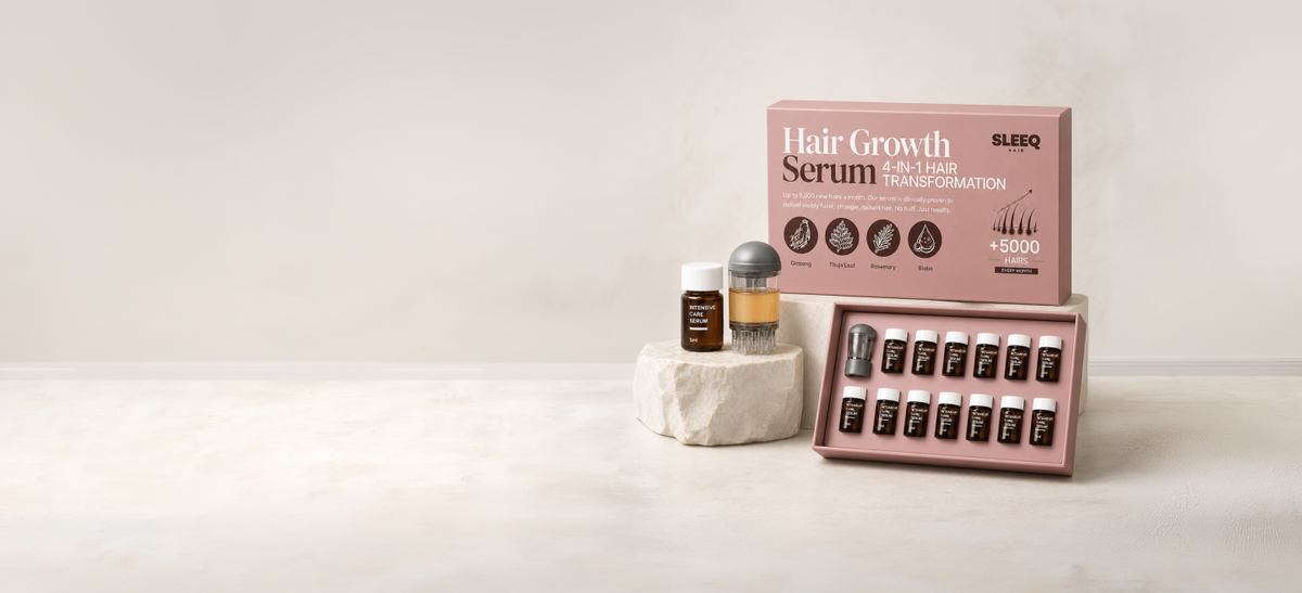 SLEEQ hair growth serum box and vials