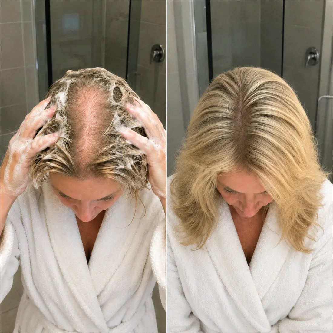 Before and after — visibly thicker hair