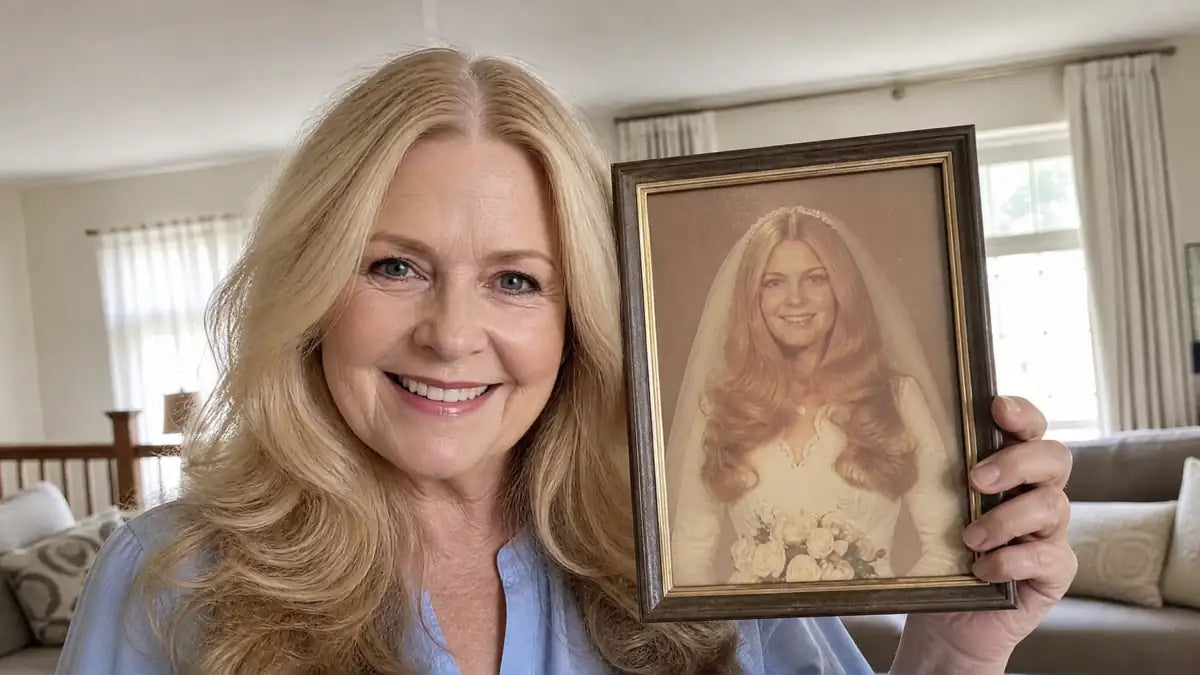 Smiling woman in her 60s with full blonde hair holding her wedding photo