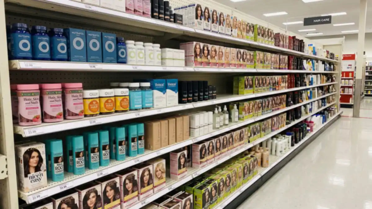 Drugstore hair-care aisle stocked with thickening sprays, hair vitamins, serums and box dye