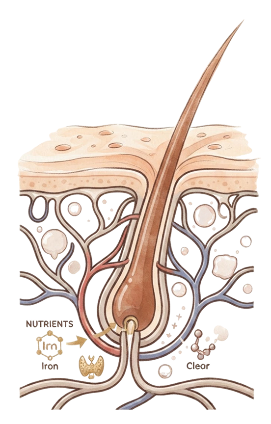 Illustrated follicle below the scalp