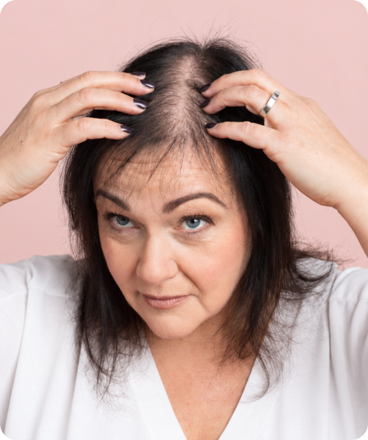 Woman examining thinning hair