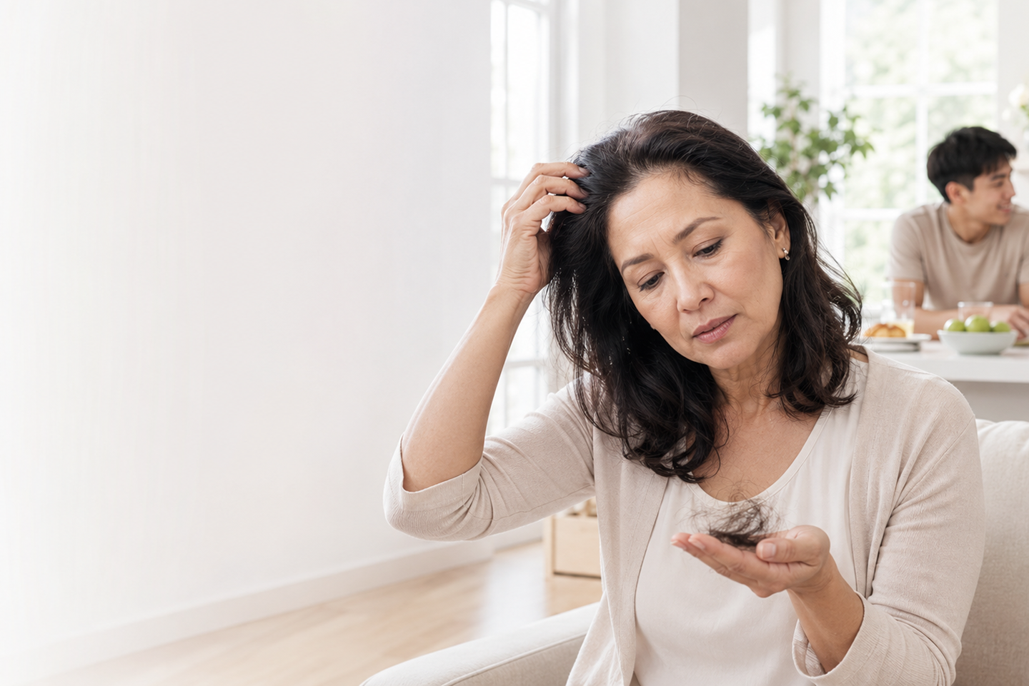 Woman noticing thinning hair