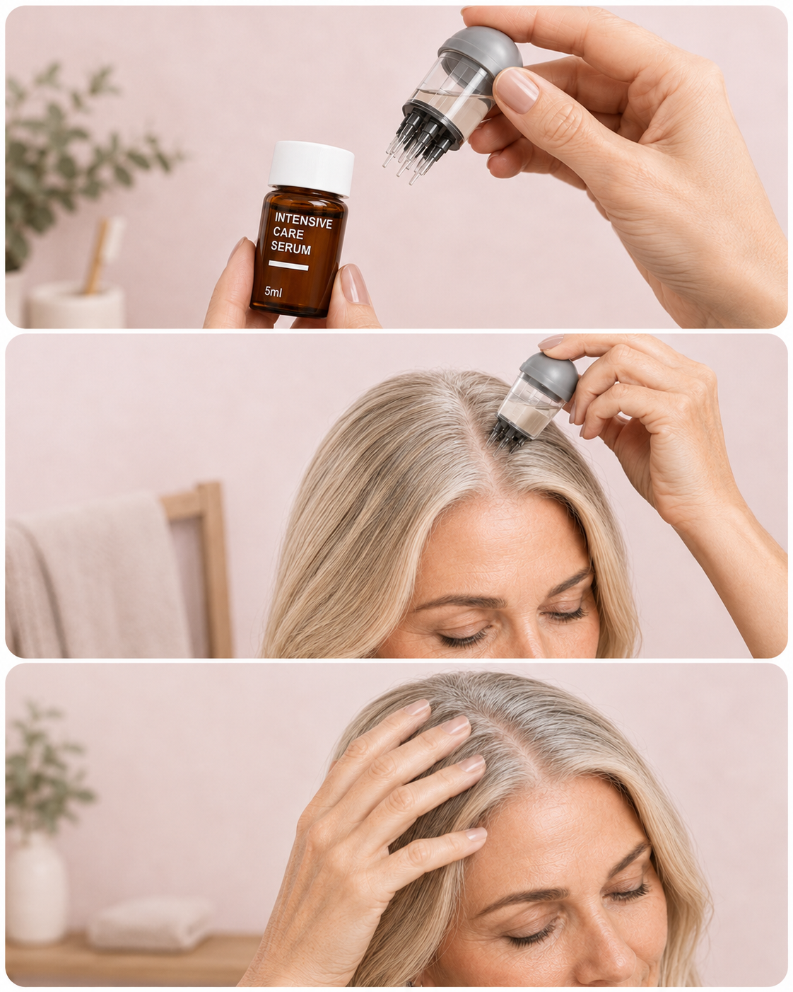 Fill the applicator, apply along the scalp and massage